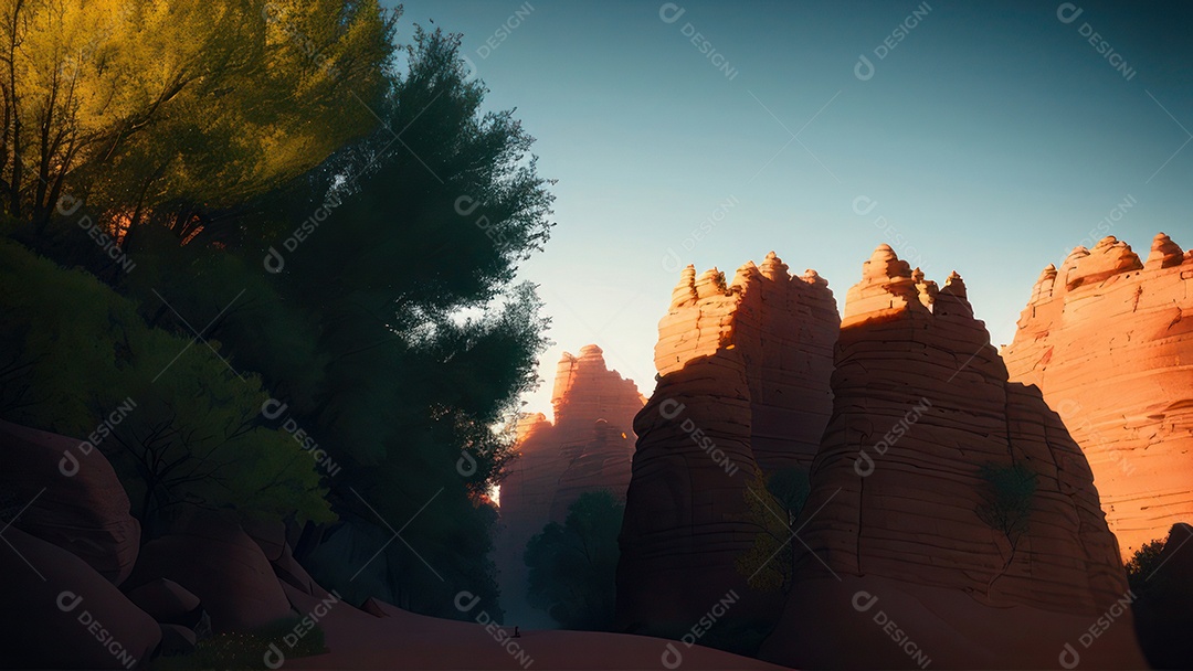 Imagem realista de deserto com rochas céu azul.