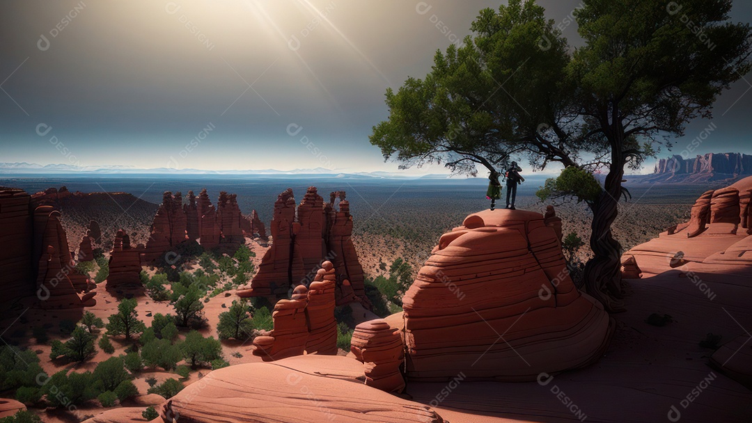 Imagem realista de deserto com rochas céu azul.
