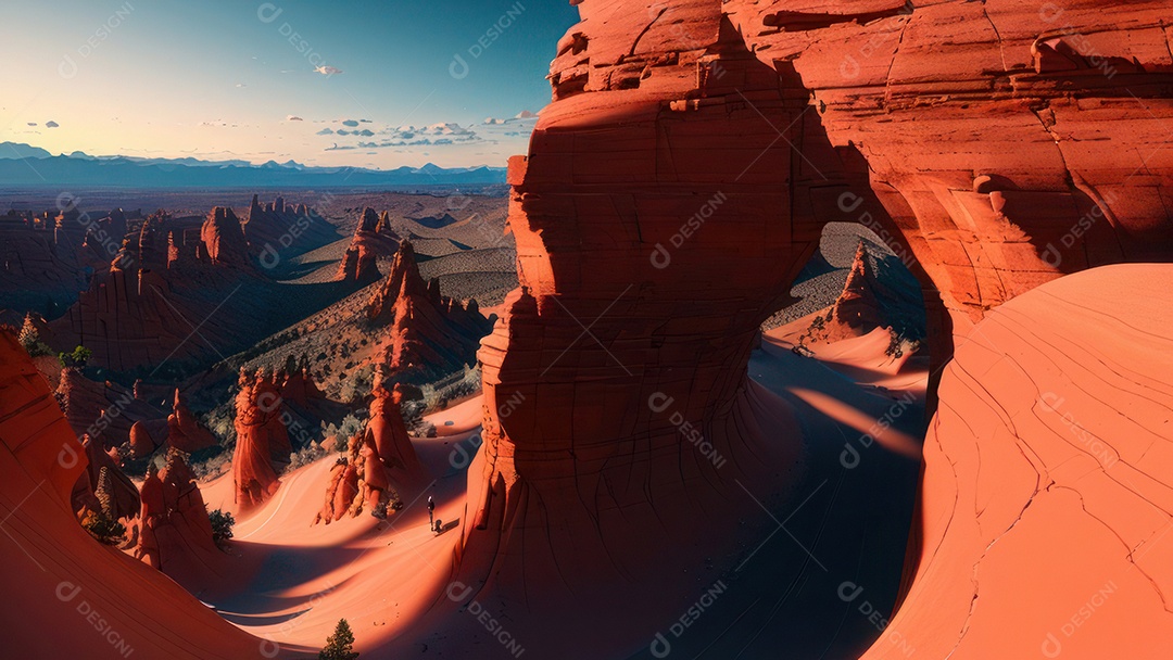 Imagem realista de deserto com rochas céu azul.