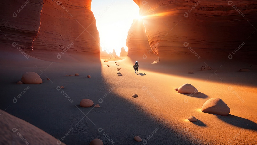 Imagem realista de deserto com rochas céu azul.