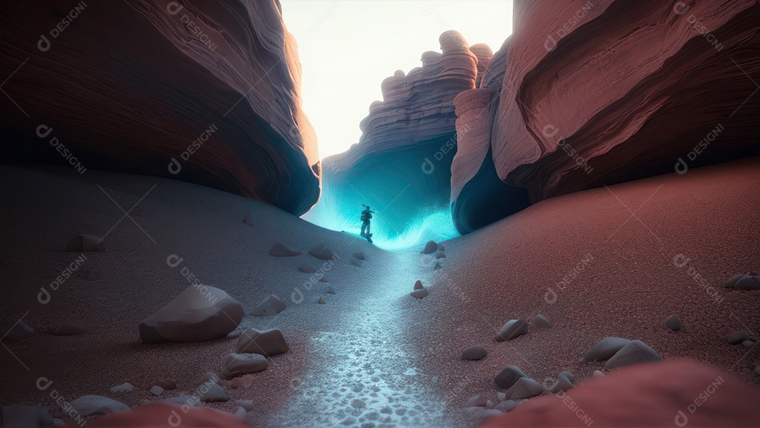 Imagem realista de deserto com rochas céu azul.