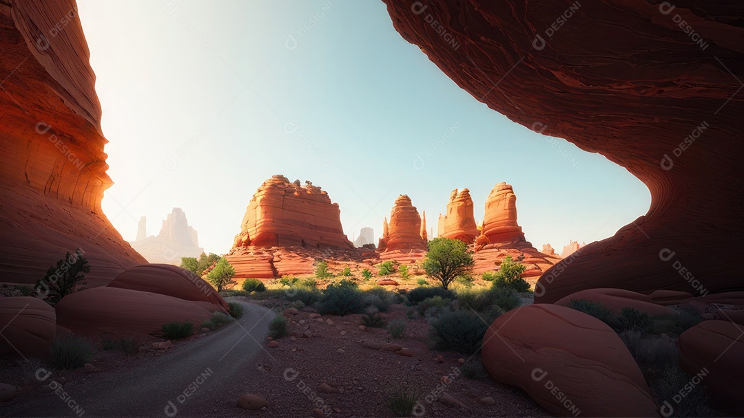 Imagem realista de deserto com rochas céu azul.