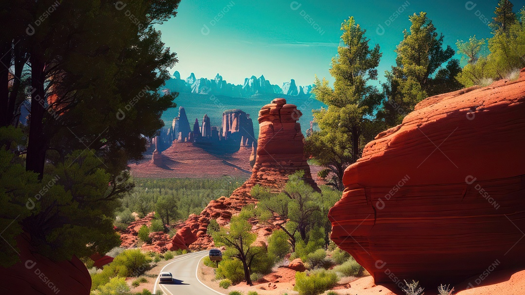 Imagem realista de deserto com rochas céu azul.