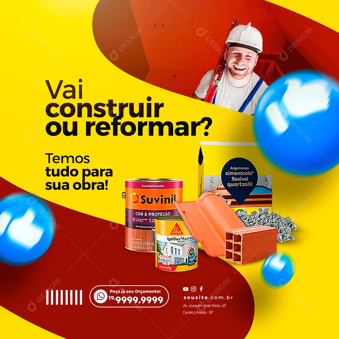 Vai Construir ou Reformar Temos Tudo Para Sua Obra Materiais De Construção Social Media PSD Editável
