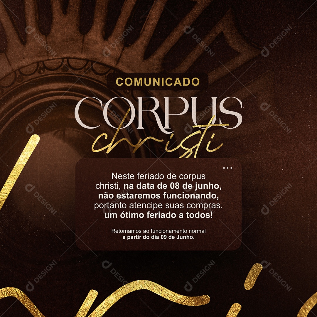 Comunicado Feriado Corpus Christi Social Media PSD Editável