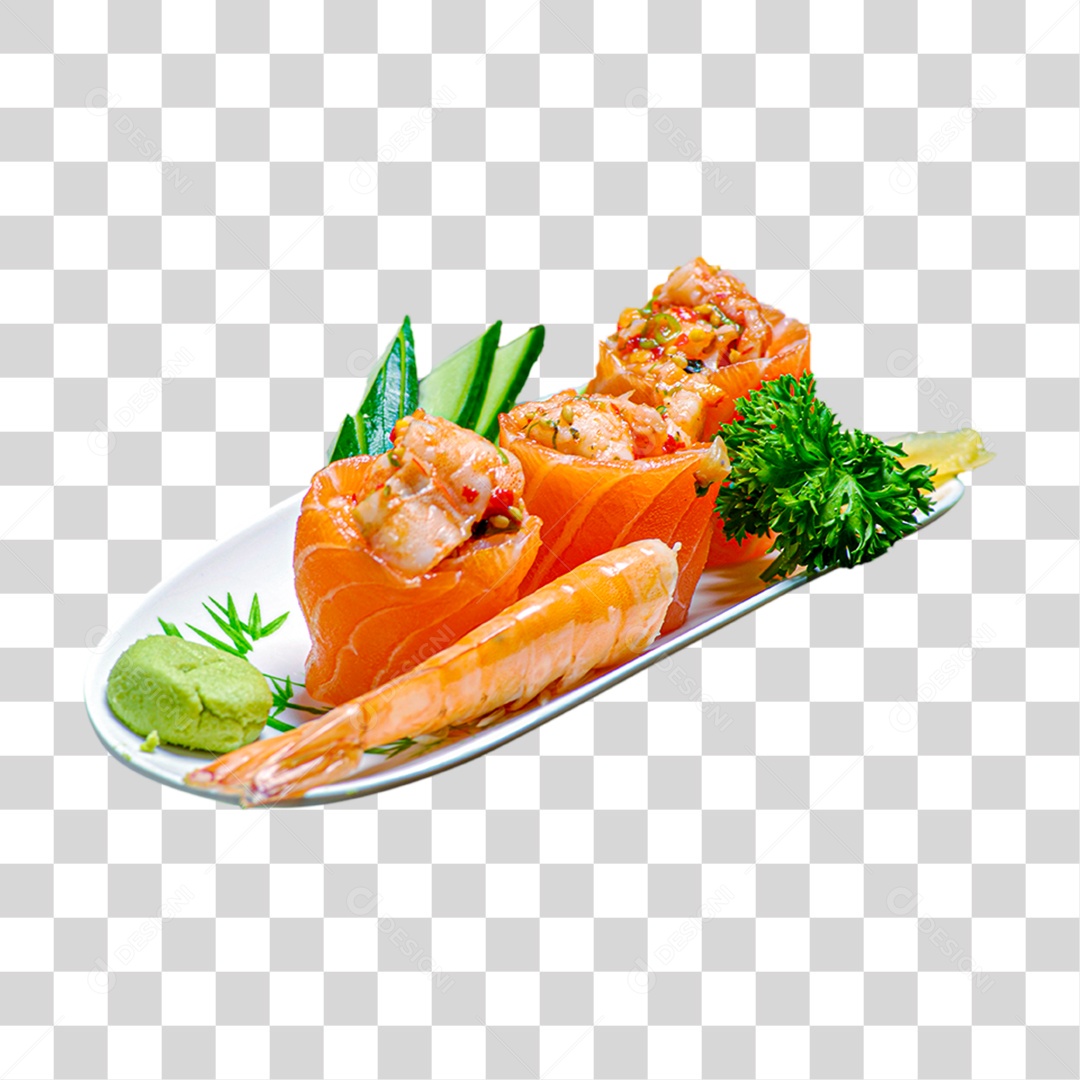 Sushi em Bandeja com Legumes PNG Transparente