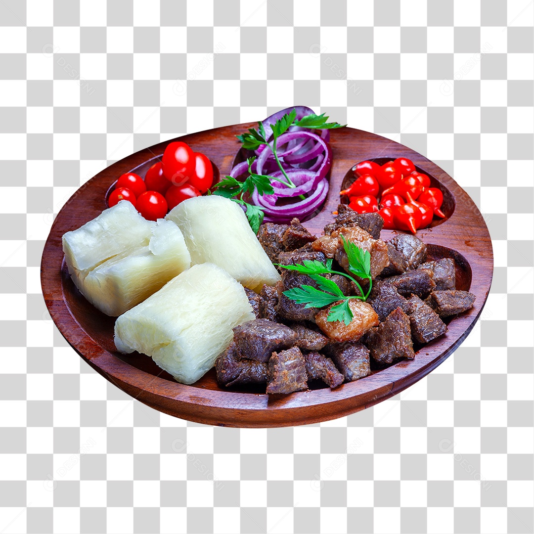 Carne de Sol Servida com Mandioca Salada Porções PNG Transparente