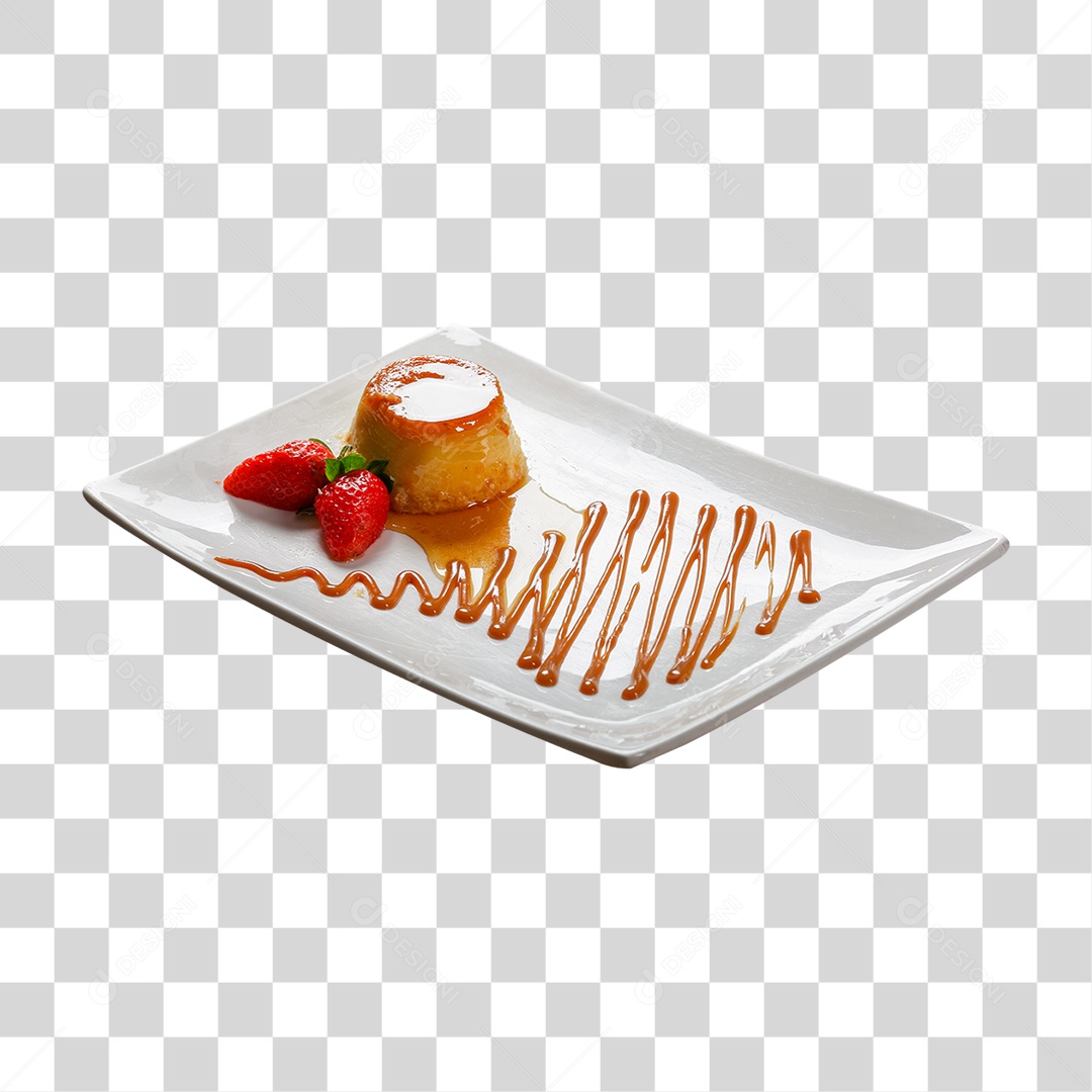 Prato servido com Pudim e Morango PNG Transparente