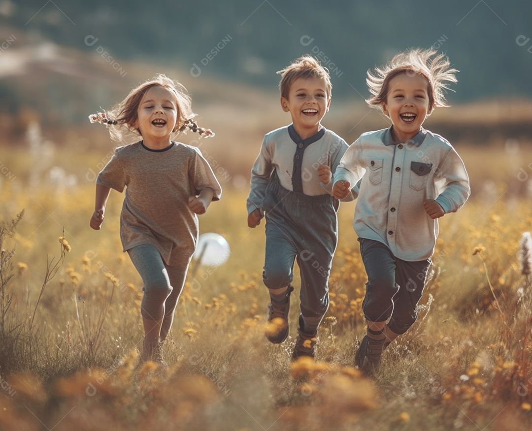 Crianças correndo e brincando no campo