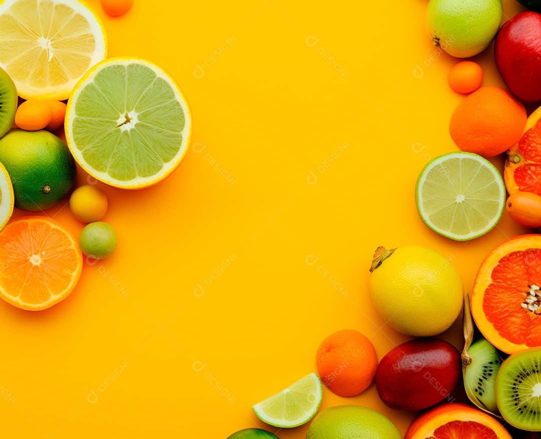 Laranja e limão frutas cítricas sobre fundo amarelo