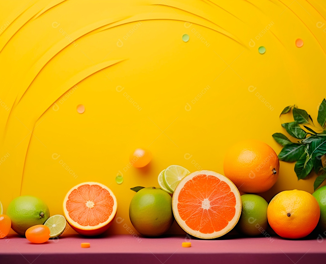 Laranja e limão frutas cítricas sobre fundo amarelo