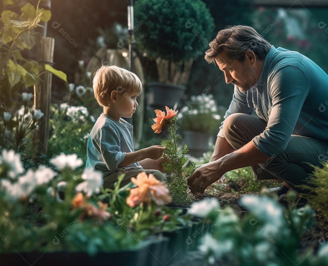 Pai e filho colhendo flores no jardim