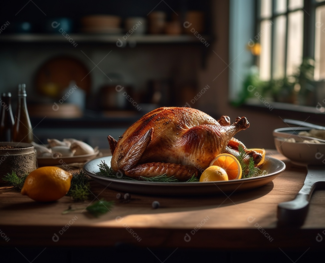 Delicioso frango assado com acompanhamentos