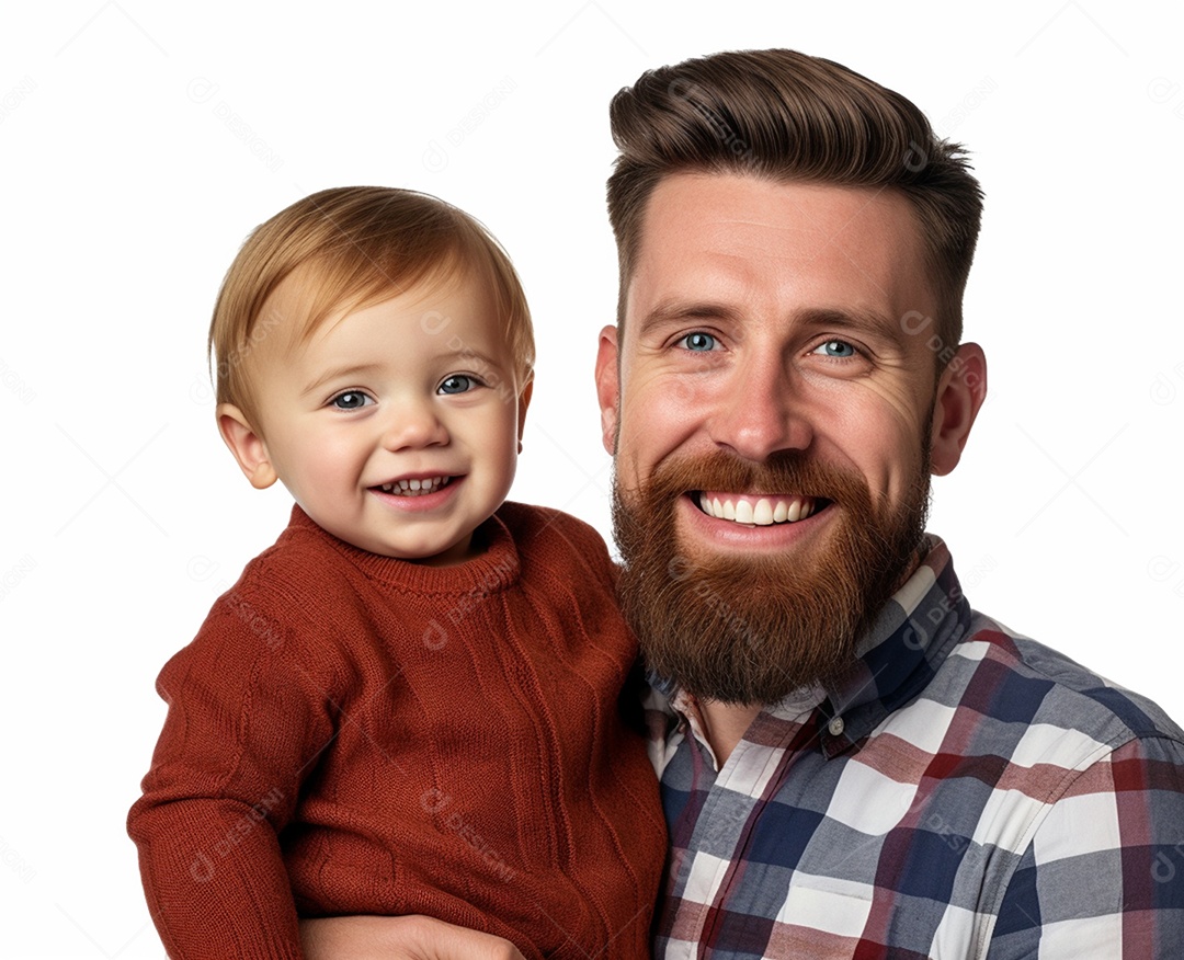 Homem sorridente segurando filho pequeno