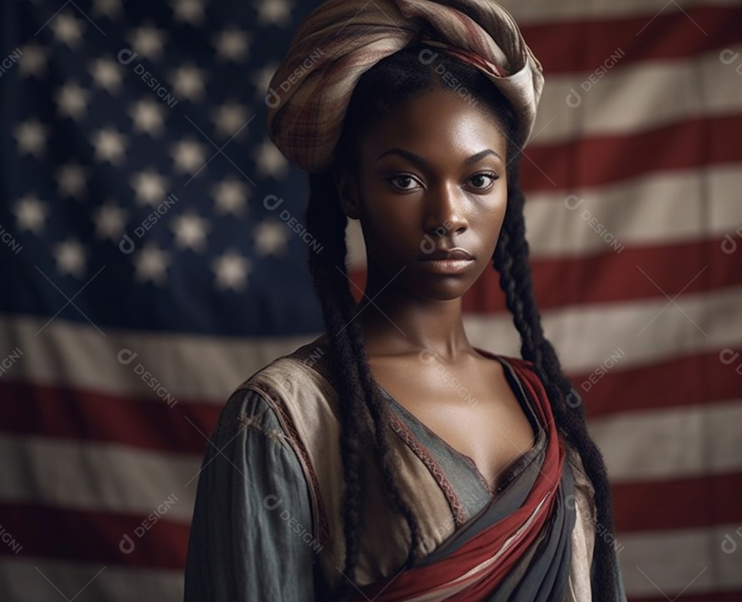 Menina negra com fundo de bandeira do estados unidos