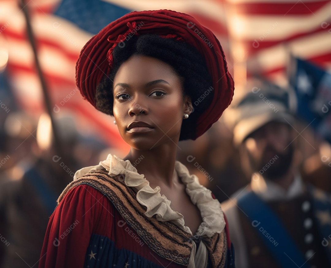 Menina negra sobre fundo de bandeira dos estados unidos