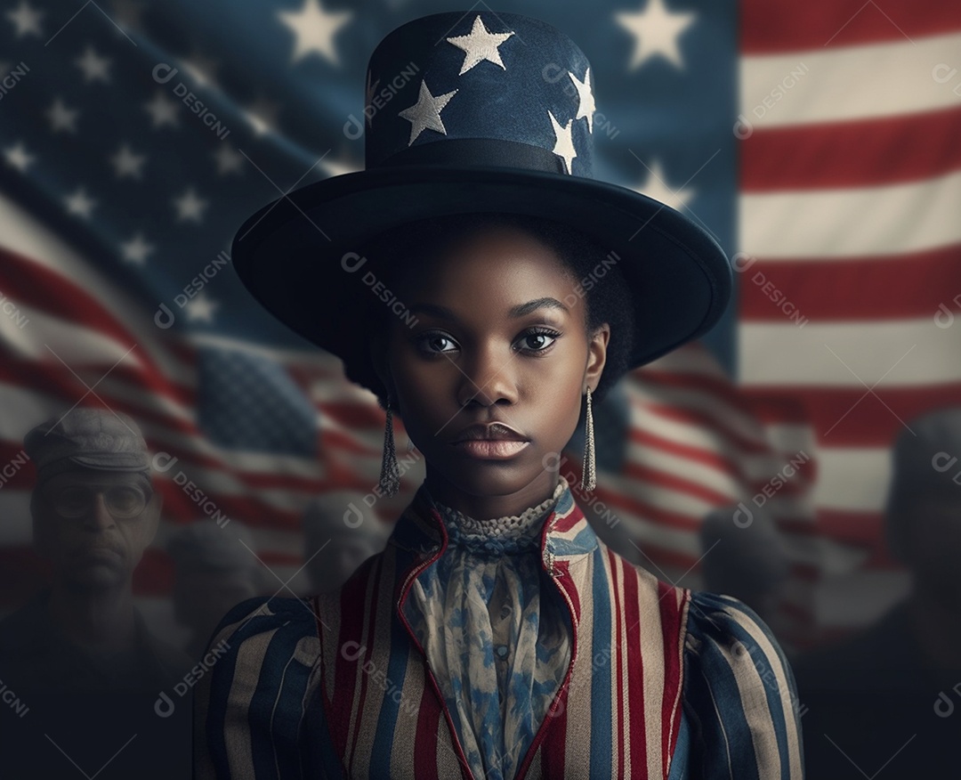 Menina negra sobre fundo de bandeira dos estados unidos