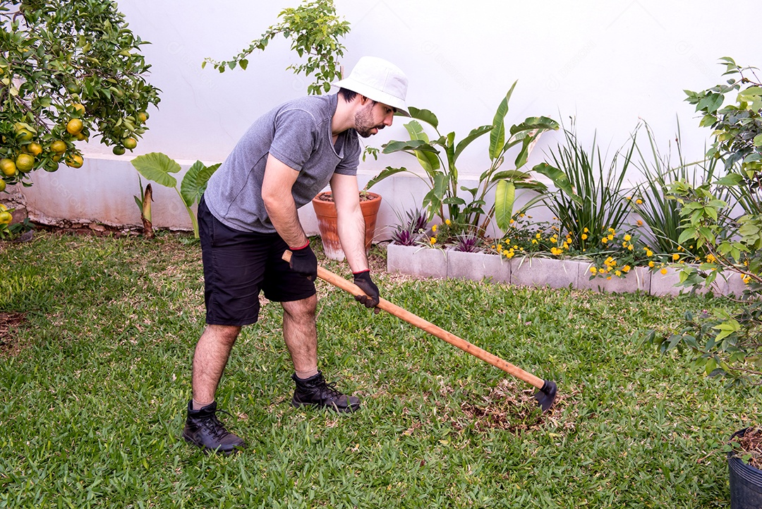 Jardineiro cavando buraco no jardim para plantar uma árvore