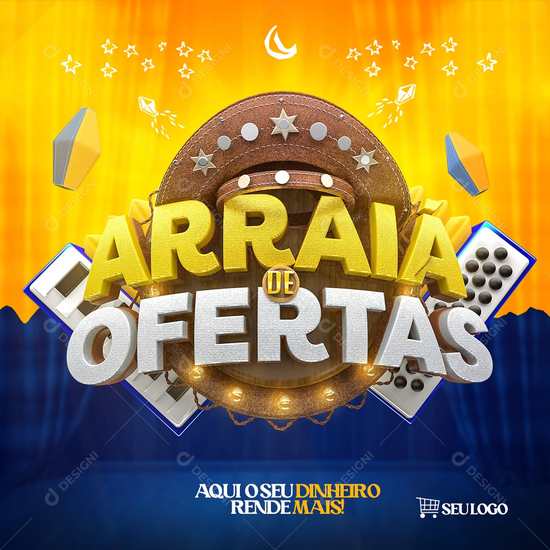 Arraiá De Ofertas Balão Azul Amarelo Selo 3D Para Composição PSD