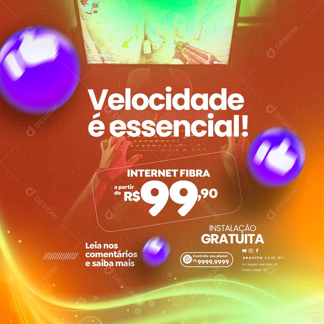 Velocidade é Essencial Internet Fibra 99,90 Provedor De Internet Social Media PSD Editável