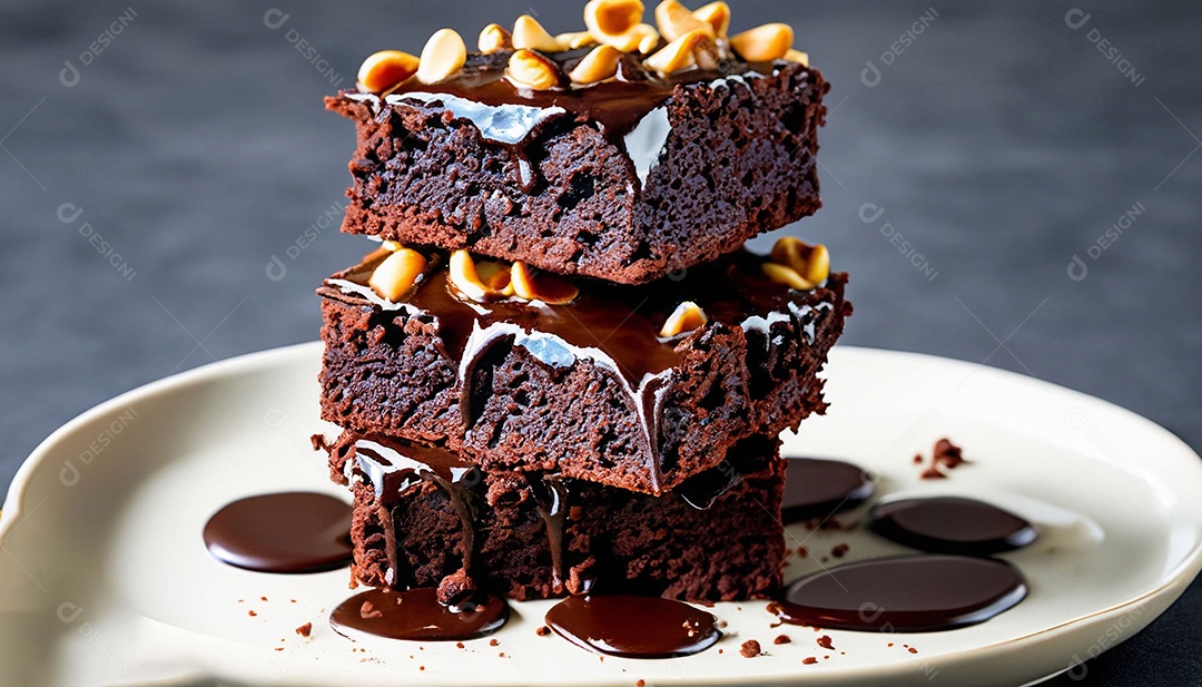 Delicioso brownie com calda de chocolate