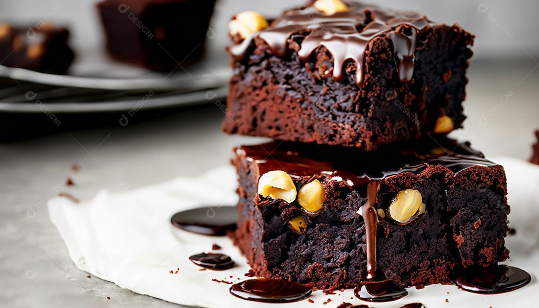 Delicioso brownie com calda de chocolate