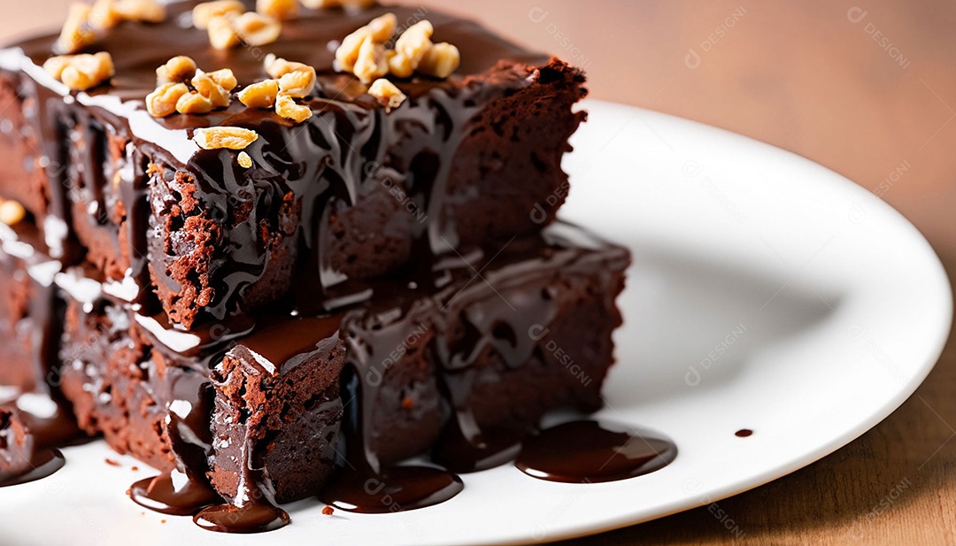 Delicioso brownie com calda de chocolate