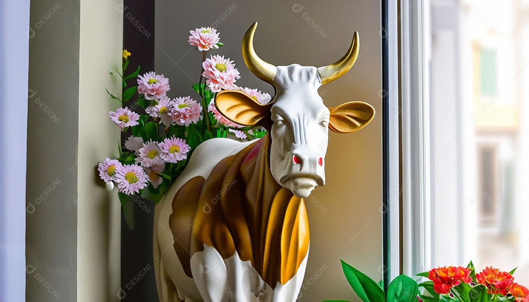 Escultura de vaca na janela com vasos de flores