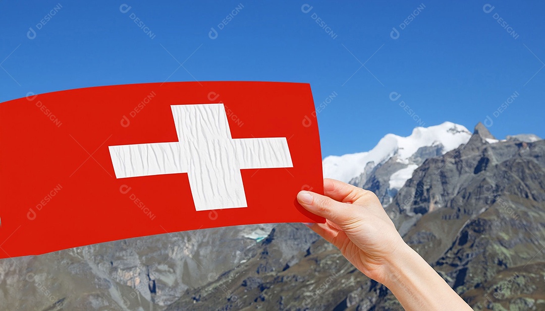 Mão segurando bandeira da Suíça