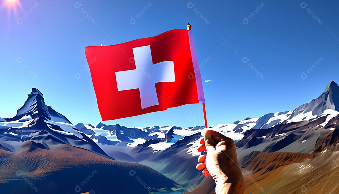 Mão segurando bandeira da Suíça