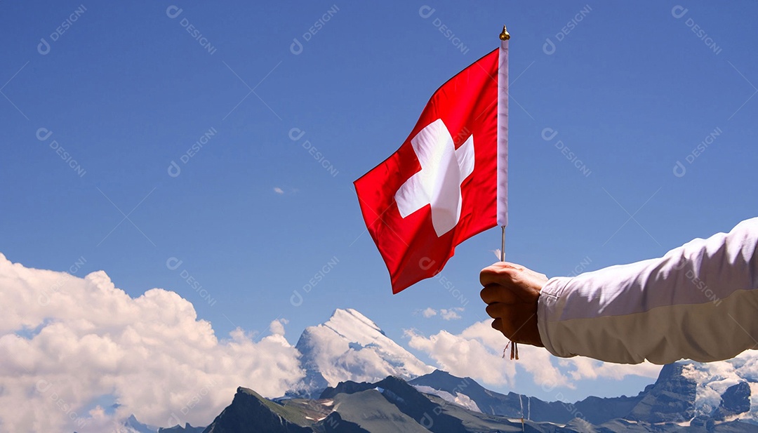 Mão segurando bandeira da Suíça