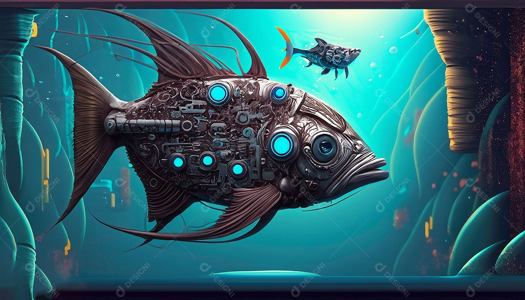 Peixe ciborgue nos implantes de robôs futuristas do oceano