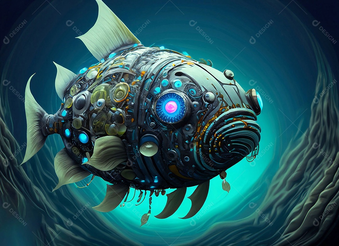 Peixe ciborgue nos implantes de robôs futuristas do oceano