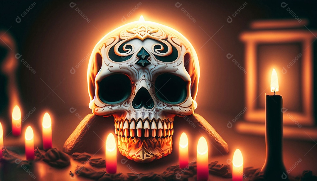 Uma caveira rodeada de velas