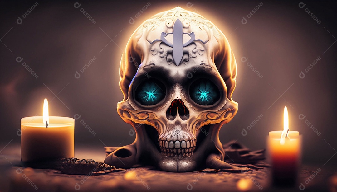 Uma caveira rodeada de velas