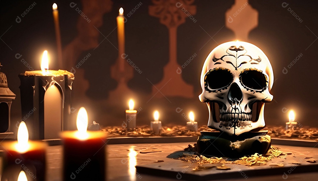 Uma caveira rodeada de velas