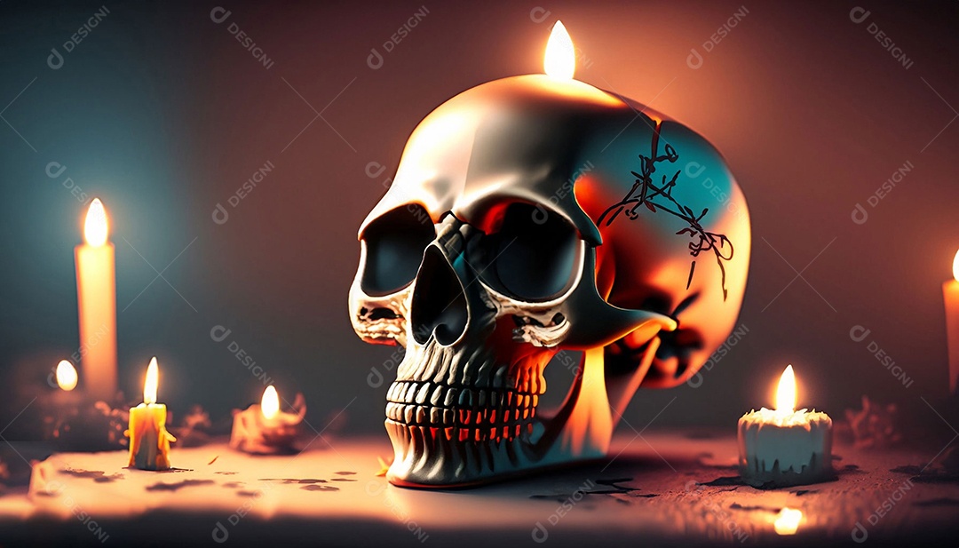 Uma caveira rodeada de velas