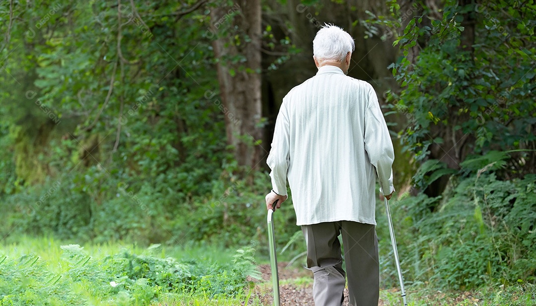 Homem idoso andando sobre a floresta