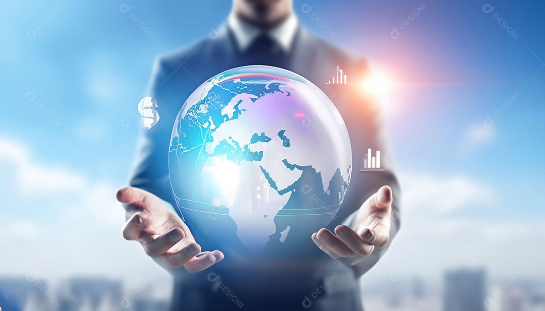 Mãos de homem segurando globo terrestre