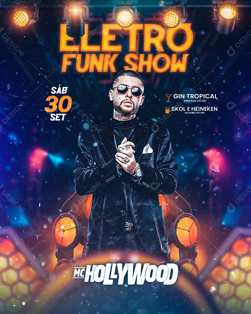 Eletro Funk Show Flyer Mc Hollywood Social Media PSD Editável