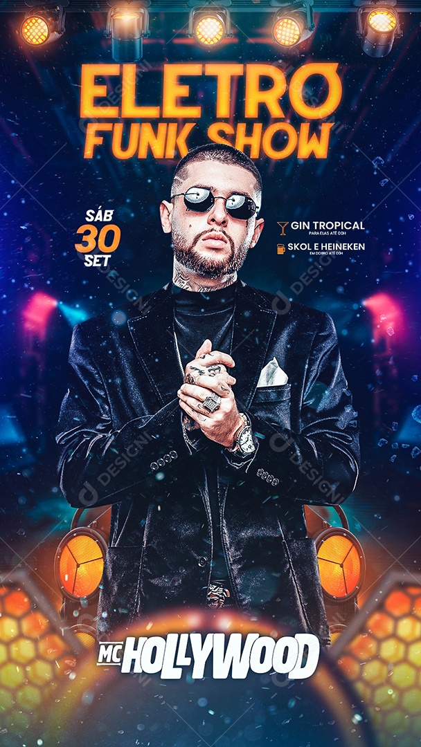 Story Eletro Funk Show Flyer Mc Hollywood Social Media PSD Editável