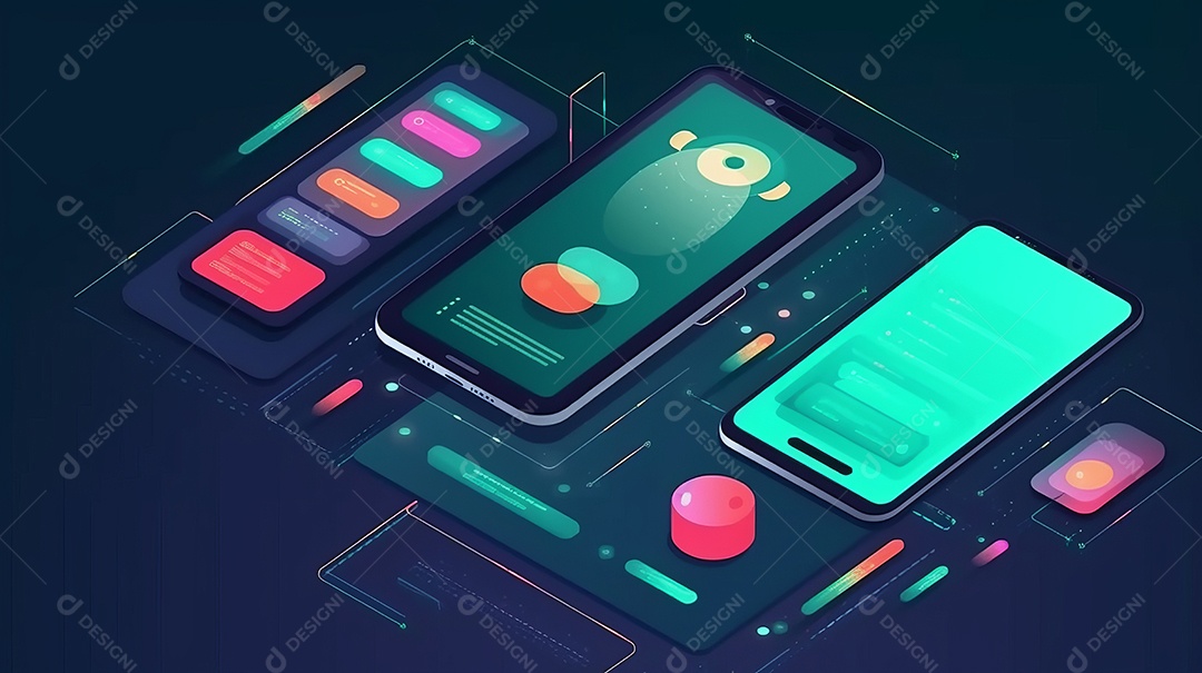 Desenvolvedores, programando software de aplicativo móvel. Crie e otimize o site ou aplicativo da interface Layout no laptop, tablet, telefone. design de interface do usuário. fundo de banner abstrato de conceito de codificação IA generativa.