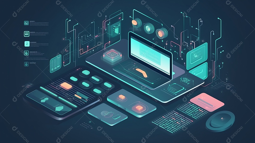 Desenvolvedores, programando software de aplicativo móvel. Crie e otimize o site ou aplicativo da interface Layout no laptop, tablet, telefone. design de interface do usuário. fundo de banner abstrato de conceito de codificação IA generativa.