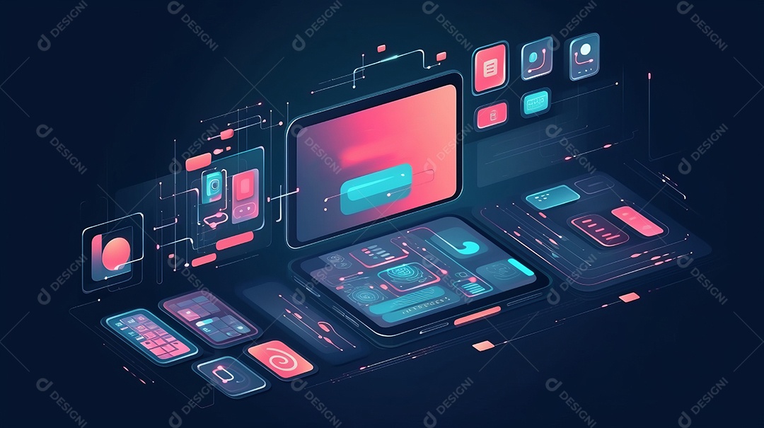 Desenvolvedores, programando software de aplicativo móvel. Crie e otimize o site ou aplicativo da interface Layout no laptop, tablet, telefone. design de interface do usuário. fundo de banner abstrato de conceito de codificação IA generativa.