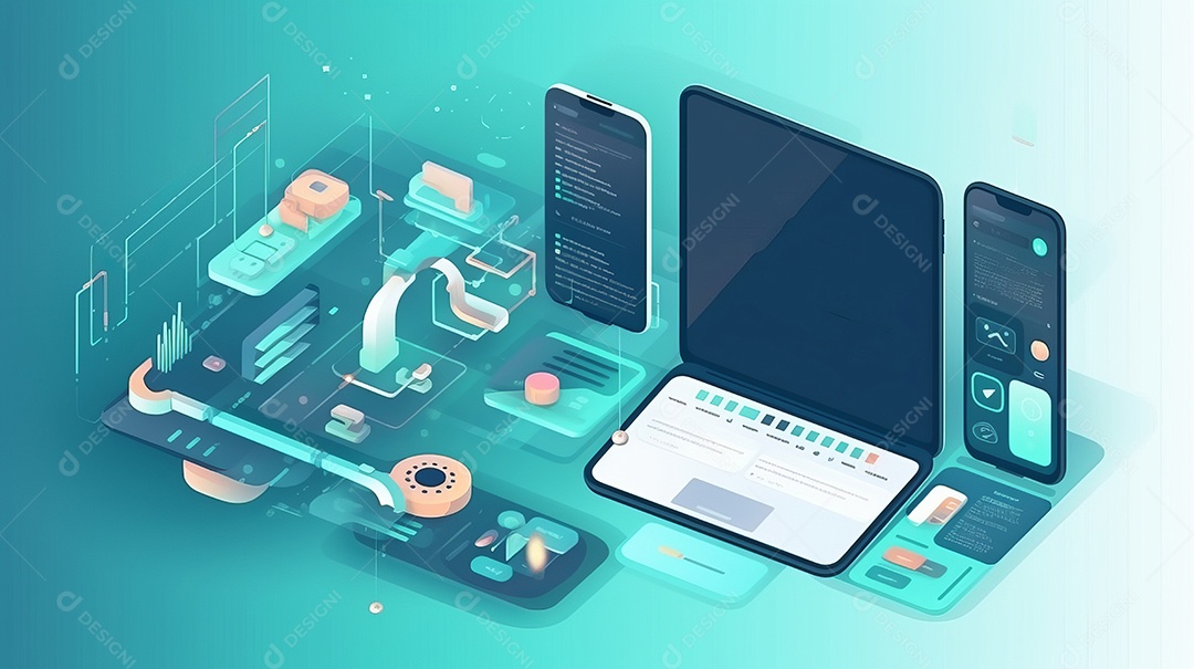 Desenvolvedores, programando software de aplicativo móvel. Crie e otimize o site ou aplicativo da interface Layout no laptop, tablet, telefone. design de interface do usuário. fundo de banner abstrato de conceito de codificação IA generativa.