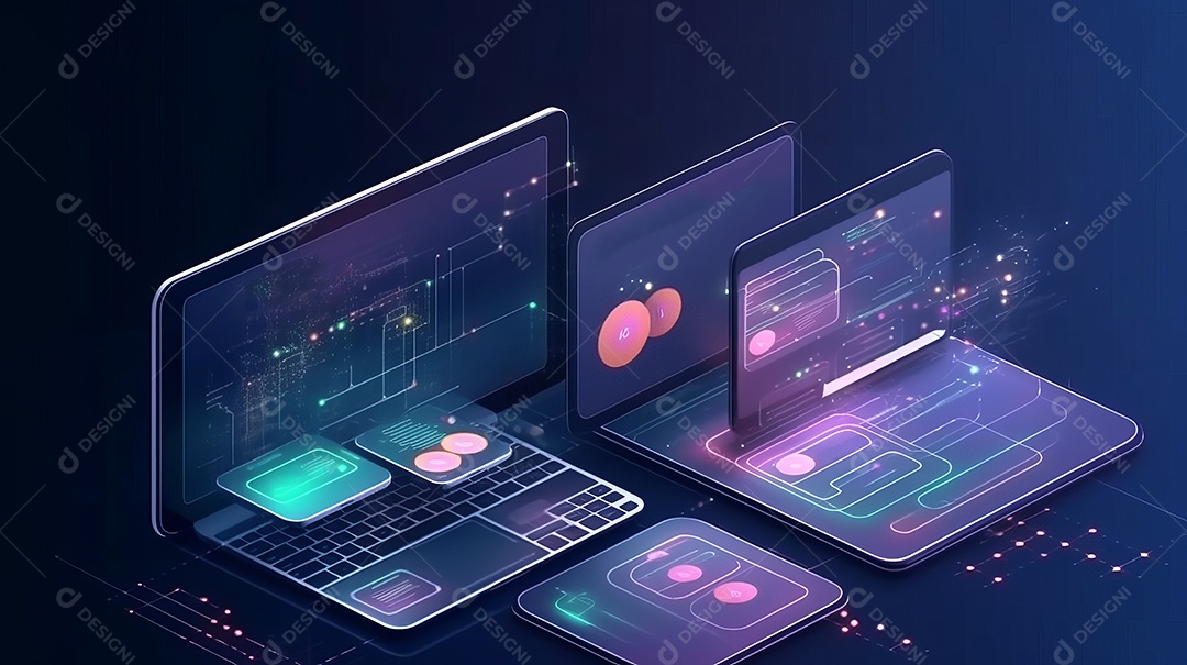 Desenvolvedores, programando software de aplicativo móvel. Crie e otimize o site ou aplicativo da interface Layout no laptop, tablet, telefone. design de interface do usuário. fundo de banner abstrato de conceito de codificação IA generativa.