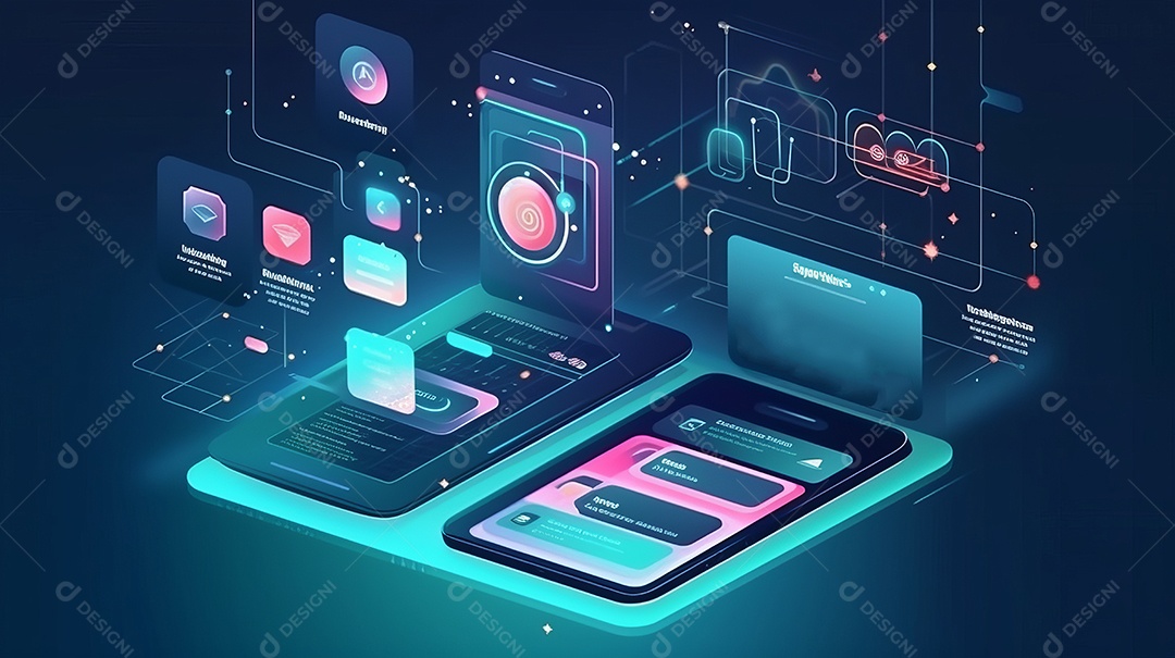 Desenvolvedores, programando software de aplicativo móvel. Crie e otimize o site ou aplicativo da interface Layout no laptop, tablet, telefone. design de interface do usuário. fundo de banner abstrato de conceito de codificação IA generativa.