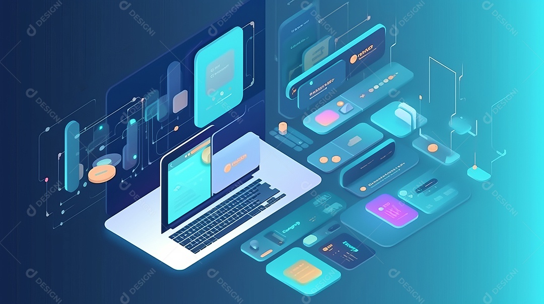 Desenvolvedores, programando software de aplicativo móvel. Crie e otimize o site ou aplicativo da interface Layout no laptop, tablet, telefone. design de interface do usuário. fundo de banner abstrato de conceito de codificação IA generativa.