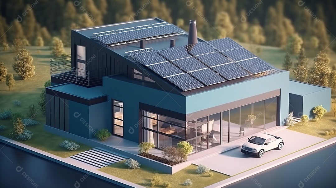 Armazenamento de energia de bateria virtual doméstica com painéis solares fotovoltaicos domésticos, energia eólica e backup de eletricidade recarregável de íons de lítio. Carregamento de carros elétricos em sistema off-grid de ilha de energia intelige
