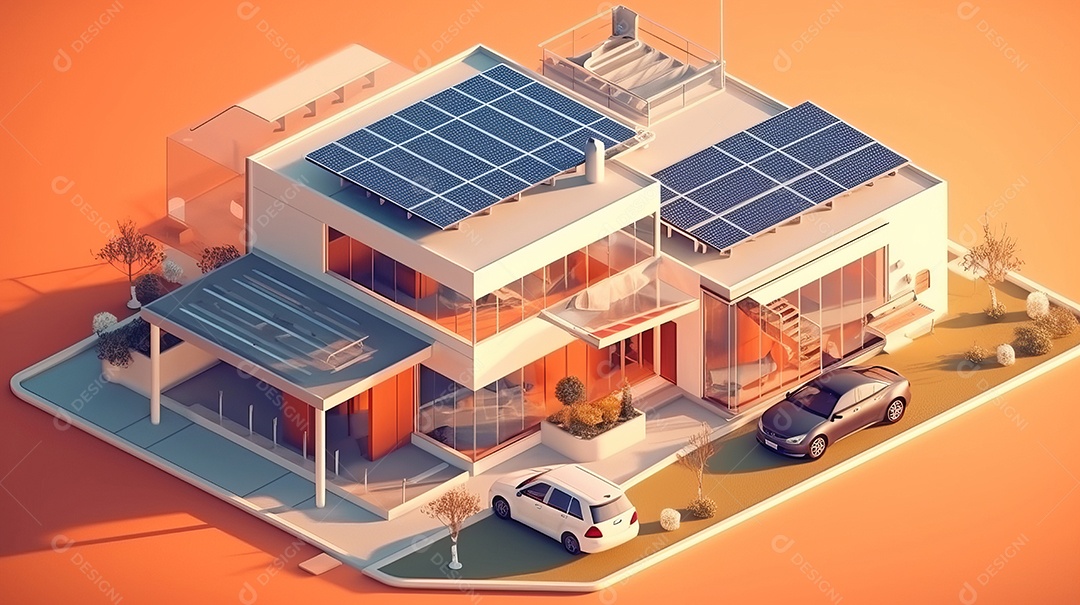 Armazenamento de energia de bateria virtual doméstica com painéis solares fotovoltaicos domésticos, energia eólica e backup de eletricidade recarregável de íons de lítio. Carregamento de carros elétricos em sistema off-grid de ilha de energia intelige